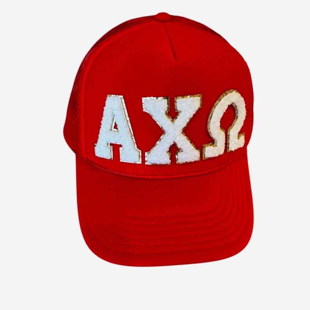 Alpha Chi Omega Red Trucker Hat Baseball Mesh Back Puffer Letters Bling Sorority
